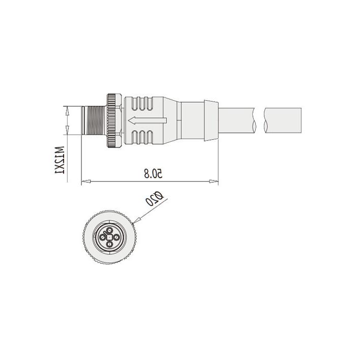 M12 4Pin T-coded、公头直型、单端预铸PUR柔性电缆、黑色护套、64TP25-XXX