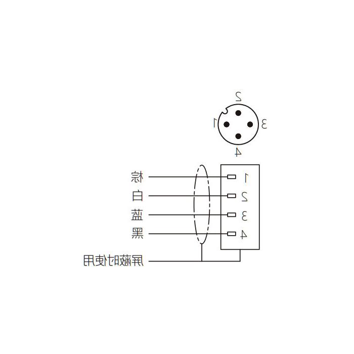 M12 4Pin、公头直型、单端预铸PUR柔性电缆、黑色护套、64S101-XXX