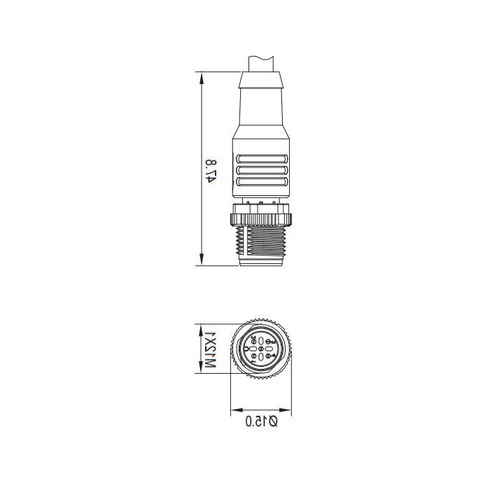 M12 4Pin、公头直型、单端预铸PUR柔性电缆、黑色护套、64S101-XXX