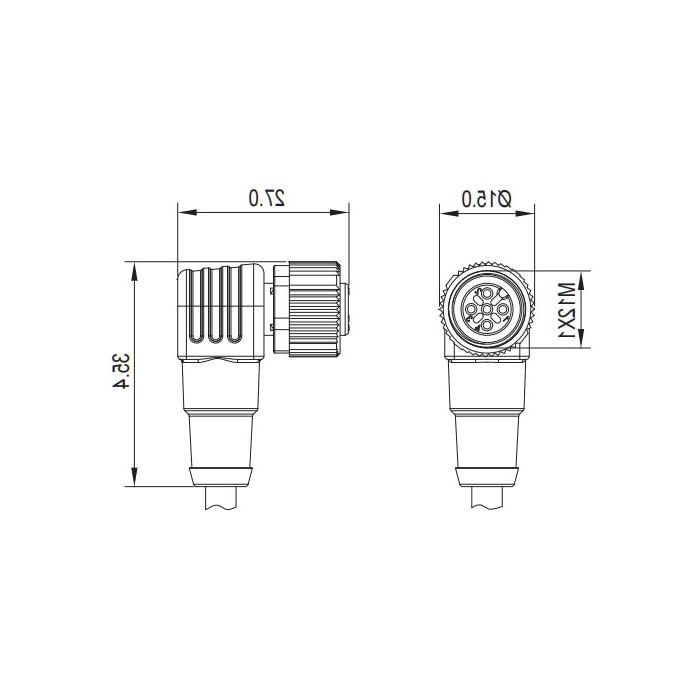 M12 3Pin、母头90°、带LED灯、单端预铸PVC非柔性电缆、灰色护套、64S063-XXX